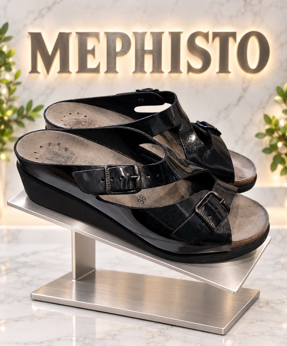 Mephisto Mobils Black Patent Leather Buckle Wedge Sandals Women’s 8 EU 38